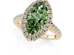 Fancy Green Marquise Cut Diamond Halo Pavé Engagement Ring Set in Yellow gold with Prong Setting