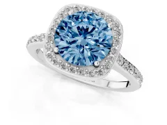 Fancy Blue Round Cut Diamond Halo Engagement Ring Set in Platinum with Round Pavé Shoulders and Heart Gallery