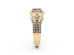 Fancy Black Asscher Cut Diamond Halo Split Shank Ring Set in Yellow gold with Round Accent Stones and Prong Setting