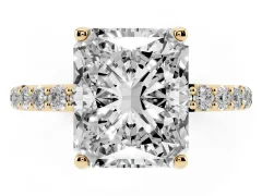 Radiant Cut Diamond Solitaire Engagement Ring Set in Yellow gold with Round Pavé Band and Prong Setting