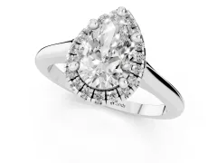 Pear Cut Diamond Halo Engagement Ring Set in Silver with Pavé Band and Rising Shoulders