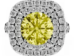 Fancy Yellow Round Cut Diamond Double Halo Ring Set in White gold with Pavé Split Shank and Prong Setting