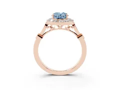 Fancy Blue Oval Cut Diamond Halo Engagement Ring Set in Rose gold with Twisted Band and Prong Setting