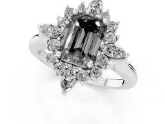 Fancy Black Emerald Cut Diamond Cluster Halo Ring Set in Silver with Marquise and Round Accents