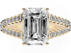 Emerald Cut Diamond Split Shank Pavé Engagement Ring Set in Yellow gold with Prong-Held Center Stone