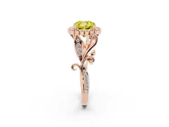 Fancy Yellow Cushion Cut Diamond Halo Ring Set in Rose gold with Leaf Motif Split Shank and Prong Setting