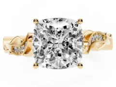 Cushion Cut Diamond Vine Band Solitaire Ring Set in Yellow gold with Milgrain Prong Setting