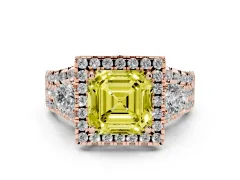 Fancy Yellow Asscher Cut Diamond Halo Split Shank Ring Set in Rose gold with Round Accent Stones and Prong Setting