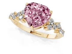 Fancy Pink Heart Cut Diamond Ring Set in Yellow gold with Scattered Round Accents
