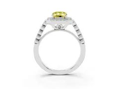 Fancy Yellow Emerald Cut Diamond Milgrain Halo Solitaire Ring Set in White gold with Bezel Set Side Stones and Pavé Band