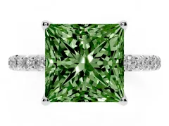 Fancy Green Princess Cut Diamond Solitaire Engagement Ring Set in White gold with Round Pavé Band and Prong Setting