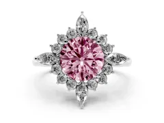 Fancy Pink Round Cut Diamond Cluster Halo Ring Set in Silver with Marquise and Round Accents
