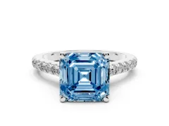 Fancy Blue Asscher Cut Diamond Solitaire Ring Set in Platinum with Brilliant Pavé Band and Prong Setting