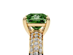 Fancy Green Princess Cut Diamond Solitaire Ring Set in Yellow gold with Multi-Row Round Pavé Band and Prong Setting