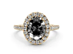 Fancy Black Oval Cut Diamond Halo Pavé Engagement Ring Set in Yellow gold with Prong Setting