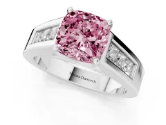 Fancy Pink Cushion Cut Diamond Solitaire Ring Set in Silver with Channel-Set Accent Stones and Prong Setting