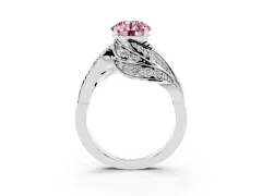 Fancy Pink Round Cut Diamond Solitaire Ring Set in White gold with Layered Twist Pavé Band