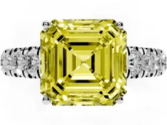Fancy Yellow Asscher Cut Diamond Solitaire Ring Set in White gold with Cut-Down Micro Pavé Band and Prong Setting