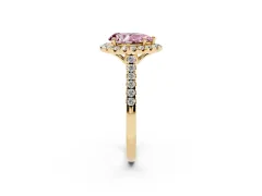 Fancy Pink Pear Cut Diamond Pavé Halo Engagement Ring Set in Yellow gold with Pavé Band and Prong Setting