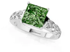 Fancy Green Princess Cut Diamond Solitaire Ring Set in Platinum with Cut-Down Micro Pavé Band and Prong Setting