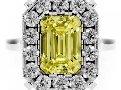Fancy Yellow Emerald Cut Diamond Cluster Halo Solitaire Ring Set in Platinum with Prong Setting