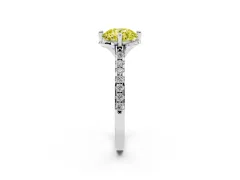 Fancy Yellow Round Cut Diamond Solitaire Ring Set in White gold with Pavé Band and Floral Prong Setting