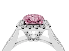 Fancy Pink Radiant Cut Diamond Halo Ring Set in White gold with Pavé Band and Raised Center Setting