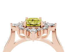 Fancy Yellow Emerald Cut Diamond Cluster Halo Ring Set in Rose gold with Marquise and Round Accents