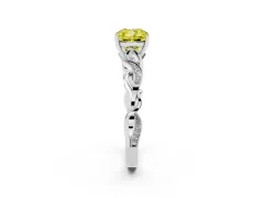Fancy Yellow Cushion Cut Diamond Vine Band Solitaire Ring Set in White gold with Milgrain Prong Setting