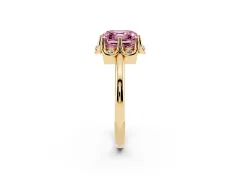 Fancy Pink Asscher Cut Diamond Round Cluster Halo Ring Set in Yellow gold with Solitaire Band and Prong Setting