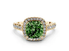 Fancy Green Cushion Cut Diamond Halo Engagement Ring Set in Yellow gold with Pavé Band and Prong-Set Center