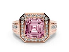 Fancy Pink Asscher Cut Diamond Halo Ring Set in Rose gold with Pavé and Bezel Accent Split Shank