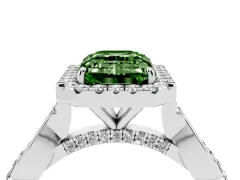 Fancy Green Emerald Cut Diamond Halo Twist Band Solitaire Ring Set in White gold with Prong Setting