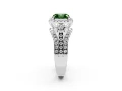 Fancy Green Asscher Cut Diamond Halo Split Shank Ring Set in Silver with Round Accent Stones and Prong Setting