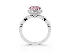 Fancy Pink Heart Cut Diamond Halo Twist Band Solitaire Ring Set in White gold with Prong-Set Center Stone