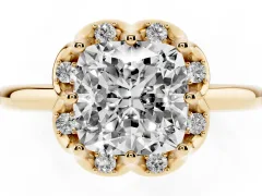 Cushion Cut Diamond Round Cluster Halo Ring Set in Yellow gold with Solitaire Band and Prong Setting