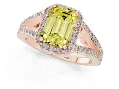 Fancy Yellow Emerald Cut Diamond Halo Split Shank Pavé Ring Set in Rose gold with Prong Setting