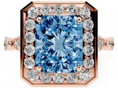 Fancy Blue Radiant Cut Diamond Halo Engagement Ring Set in Rose gold with Twisted Band and Prong Setting