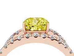 Fancy Yellow Cushion Cut Diamond Split Shank Pavé Solitaire Ring Set in Rose gold with Open Shank Design