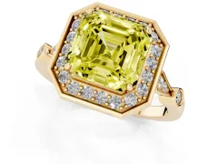 Fancy Yellow Asscher Cut Diamond Halo Engagement Ring Set in Yellow gold with Twisted Band and Prong Setting