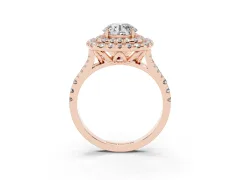 Round Cut Diamond Double Halo Ring Set in Rose gold with Pavé Split Shank and Prong Setting