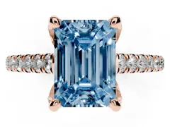 Fancy Blue Emerald Cut Diamond Solitaire Ring Set in Rose gold with Brilliant Pavé Band and Prong Setting