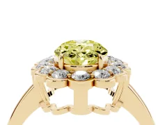 Fancy Yellow Oval Cut Diamond Halo Cluster Engagement Ring Set in Yellow gold with Solitaire Band and Prong Setting