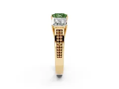 Fancy Green Princess Cut Diamond Three-Stone Ring Set in Yellow gold with Textured Band