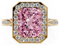 Fancy Pink Radiant Cut Diamond Halo Engagement Ring Set in Yellow gold with Accent Split Shank Band