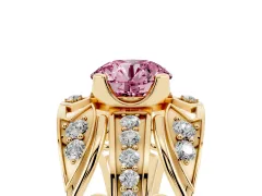 Fancy Pink Round Cut Diamond Art Deco Ring Set in Yellow gold with Pavé Split Shank