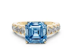 Fancy Blue Asscher Cut Diamond Solitaire Ring Set in Yellow gold with Cut-Down Micro Pavé Band and Prong Setting