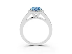 Fancy Blue Round Cut Diamond Halo Split Shank Ring Set in Silver with Accent Stones and Prong Setting