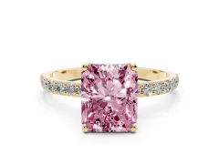 Fancy Pink Radiant Cut Diamond Solitaire Engagement Ring Set in Yellow gold with Round Pavé Band and Prong Setting