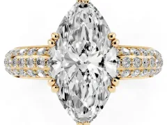 Marquise Cut Diamond Solitaire Ring Set in Yellow gold with Multi-Row Round Pavé Band and Prong Setting